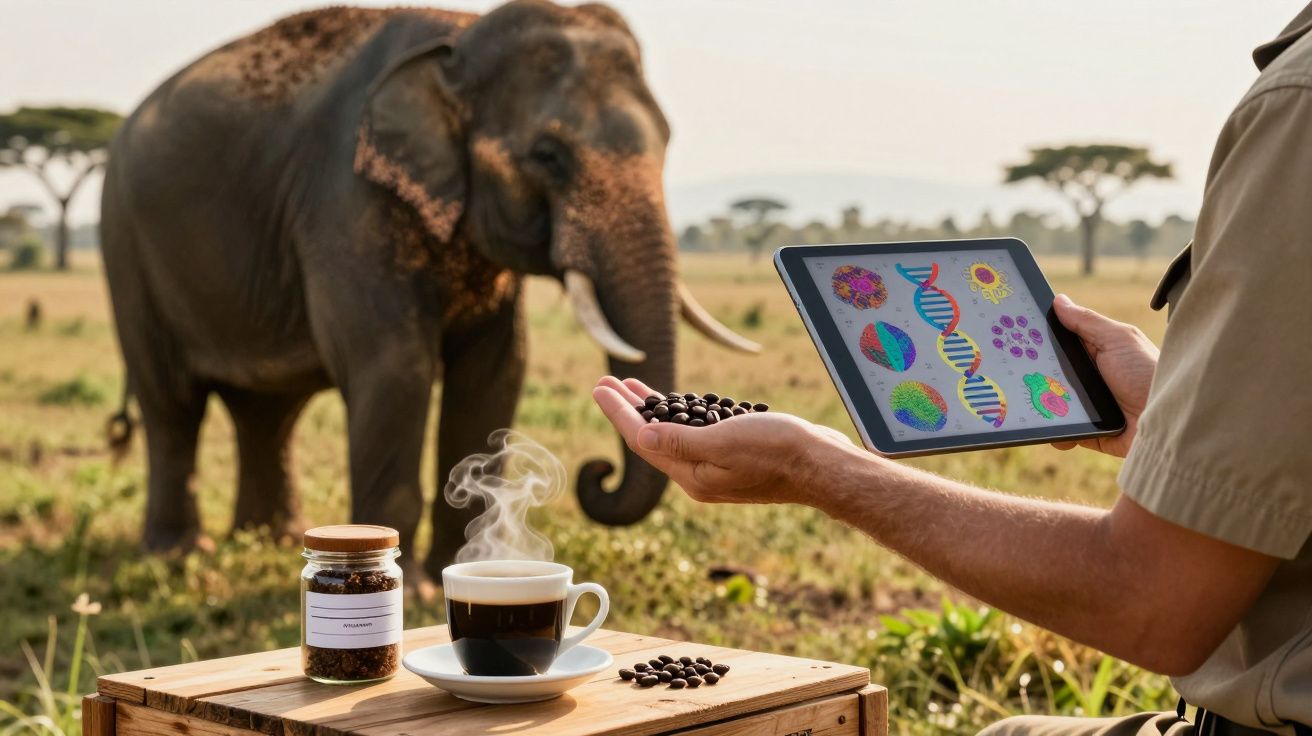 Pessoa segura tablet com imagens científicas, oferece grãos de café para elefante ao ar livre, com café e pote na mesa.