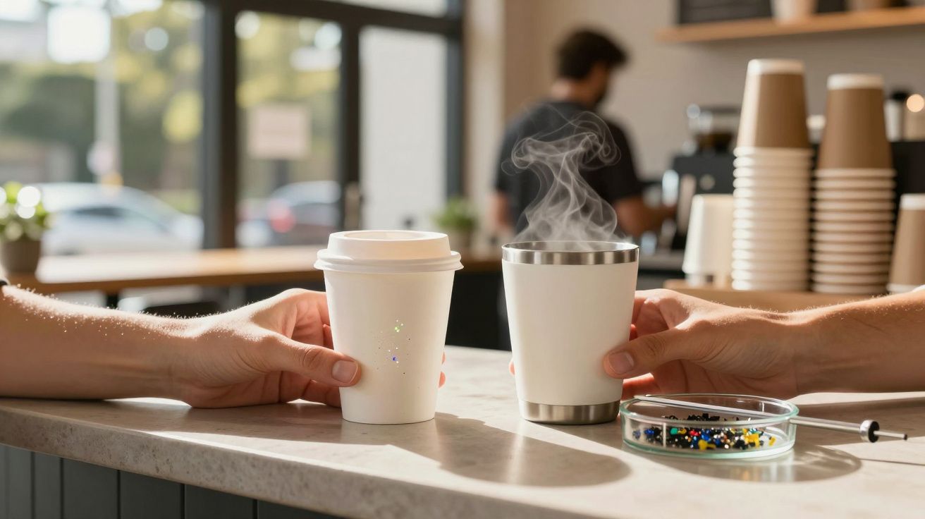 Duas mãos seguram copos de café, um com tampa e outro a libertar vapor, num balcão de cafetaria.