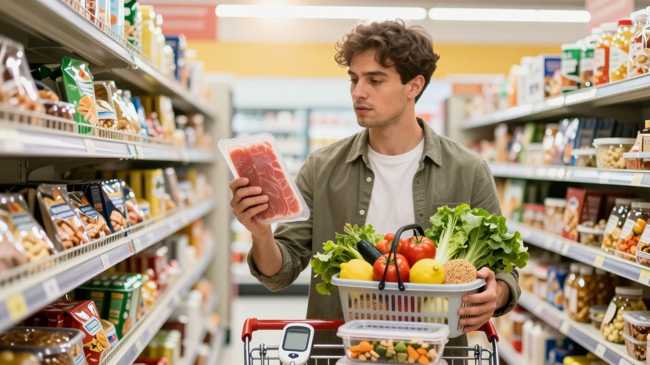 Homem jovem com carrinho de supermercado e cabaz, a analisar embalagem de carne numa prateleira.
