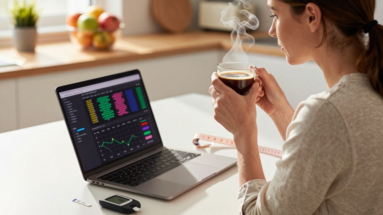 Mulher segura chá quente enquanto analisa gráficos de saúde num computador portátil numa cozinha moderna.