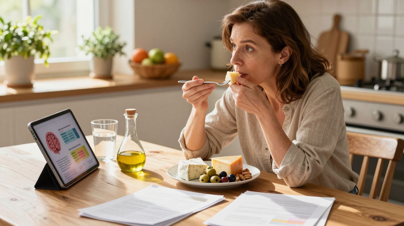 Mulher a comer queijo enquanto estuda numa mesa com documentos e tablet na cozinha bem iluminada.