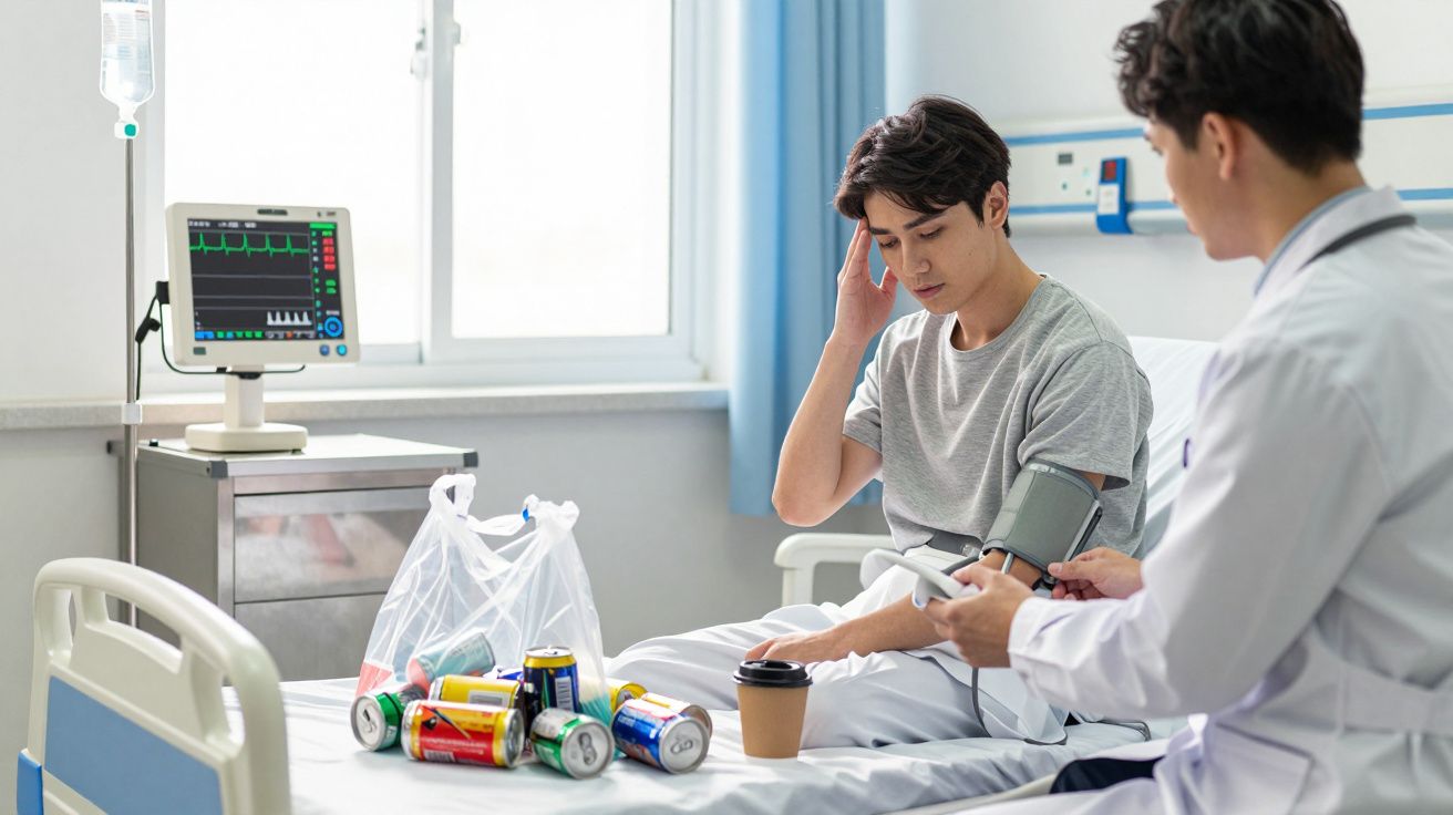 Paciente com dor de cabeça sentado numa cama de hospital, médico a medir a sua pressão arterial.