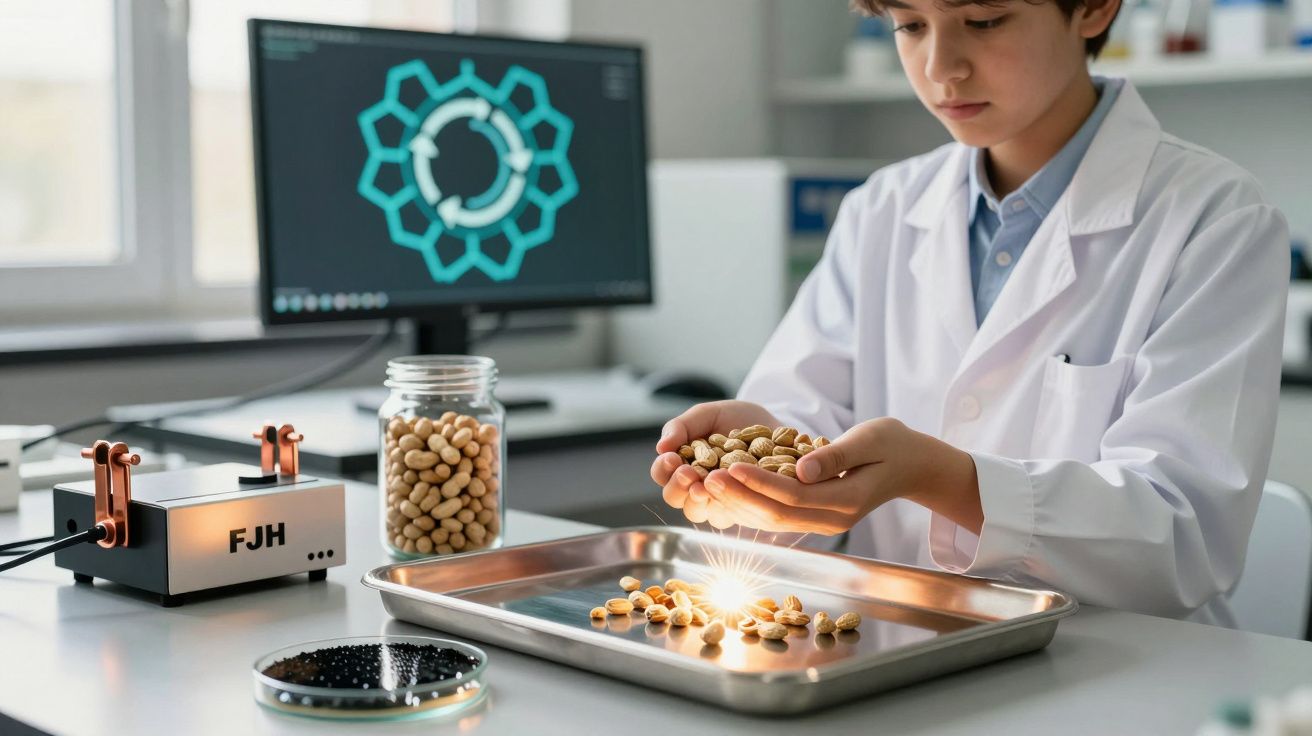 Criança cientista em laboratório a examinar feijões sobre bandeja com equipamento e ecrã ao fundo.