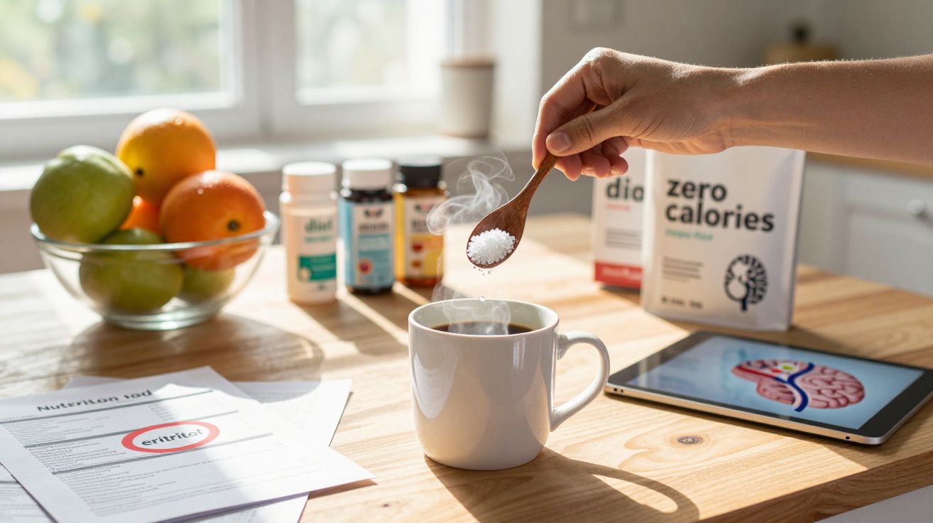 Mão a adicionar adoçante a uma chávena de chá quente numa cozinha com fruta, suplementos e tablet na mesa.