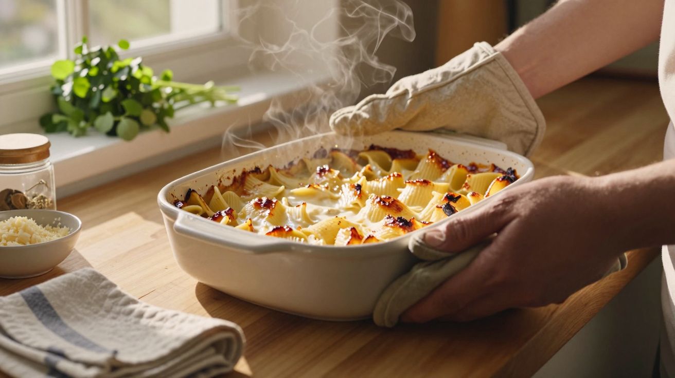 Mãos com luvas a retirar do forno um prato de massa gratinada a fumegar numa cozinha iluminada.
