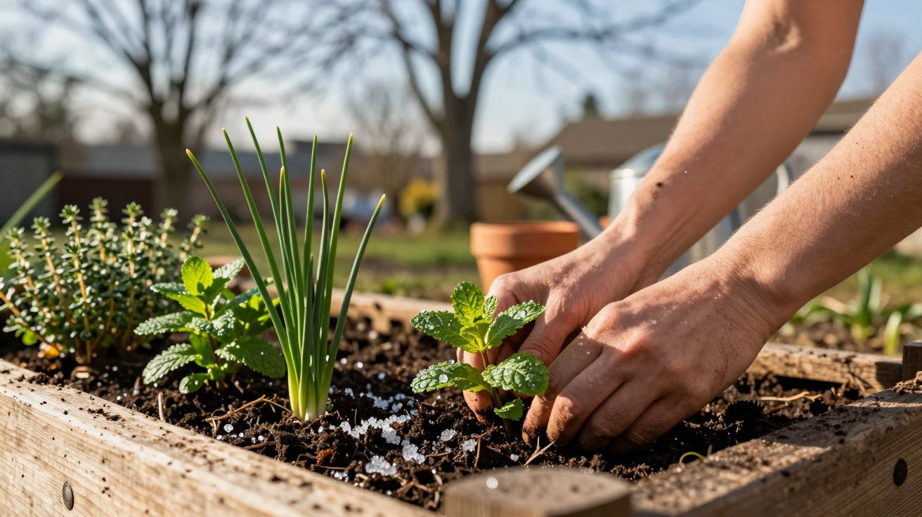 Mãos plantando ervas aromáticas num canteiro de madeira num jardim com regador ao fundo e luz natural.