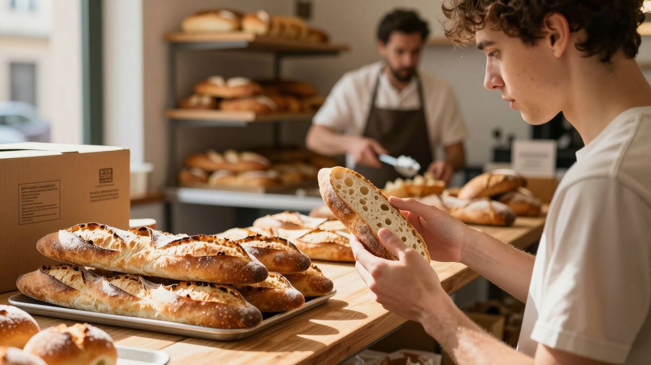Jovem a examinar pão numa padaria com várias baguetes e pães frescos sobre o balcão.