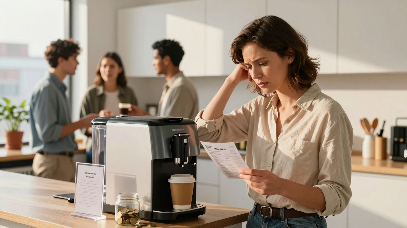 Mulher preocupada olha para uma fatura junto a uma máquina de café numa cozinha moderna com outras pessoas ao fundo.