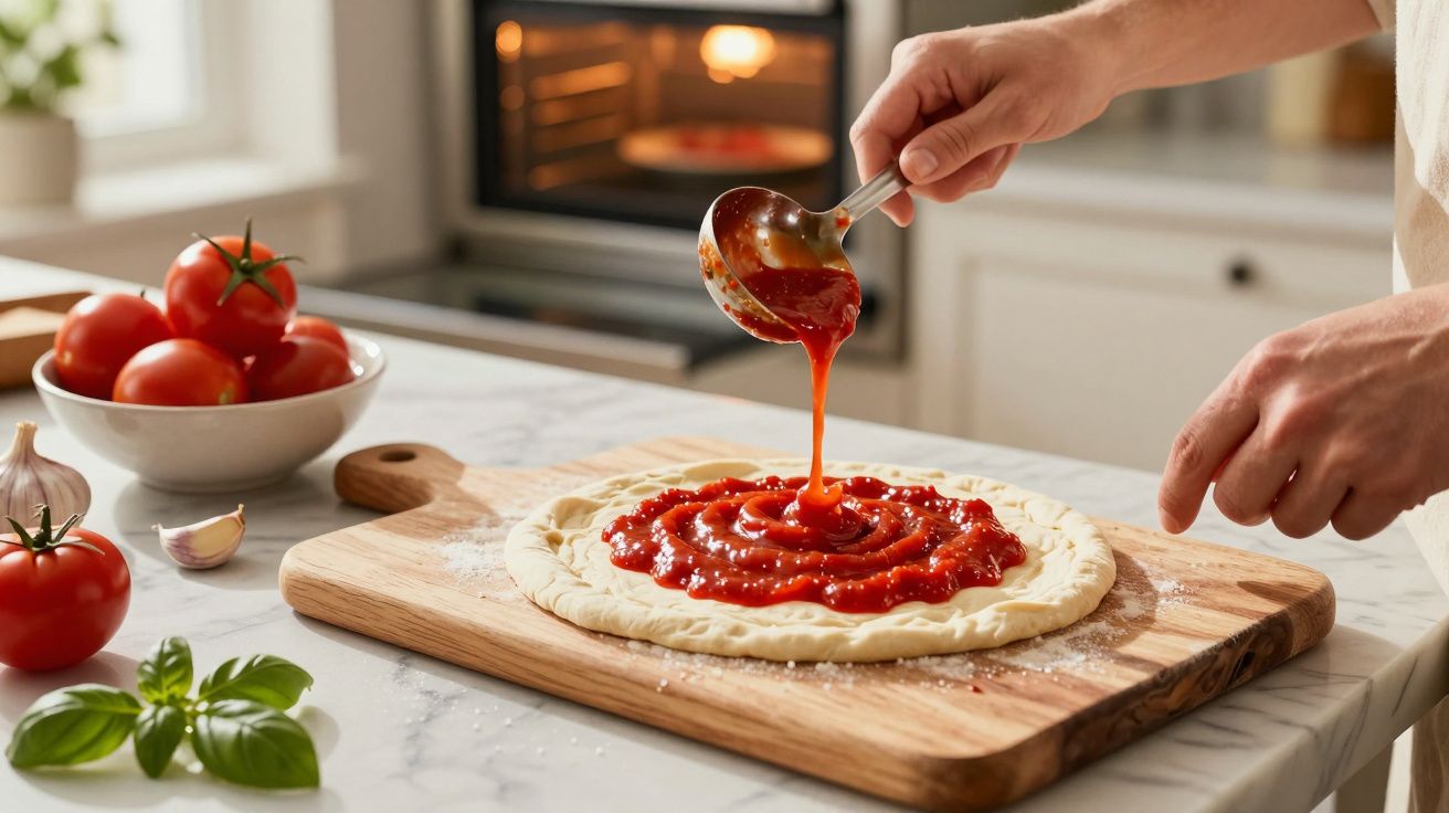 Pessoa a deitar molho de tomate numa base de pizza numa cozinha caseira com ingredientes frescos.