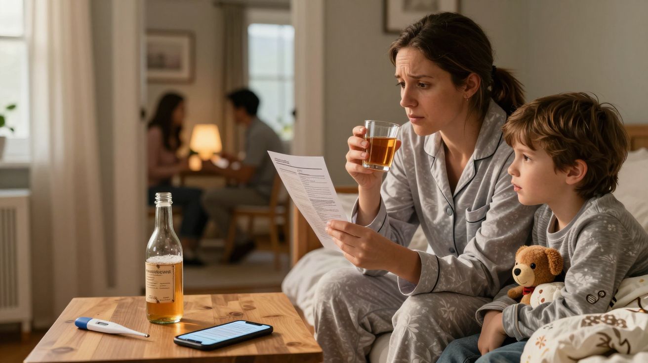 Mulher preocupada em pijama com criança ao colo, segurando bebida e documento, casal discute ao fundo.