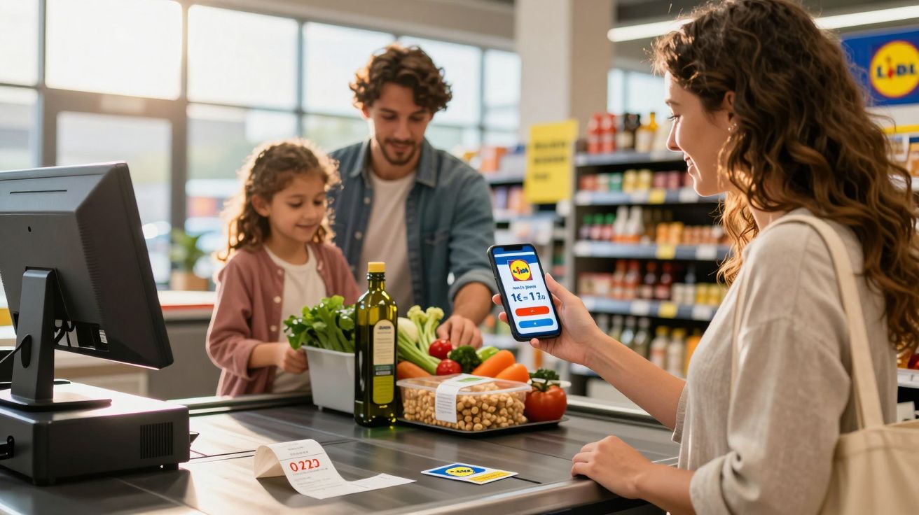 Mulher a pagar com telemóvel no supermercado Lidl, com caixa e pai com filha a aguardarem.