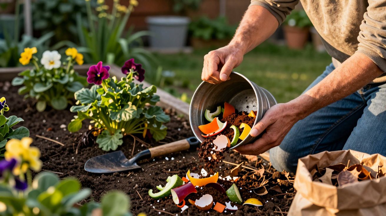 Pessoa a fazer compostagem caseira com restos de cascas e terra num canteiro florido.
