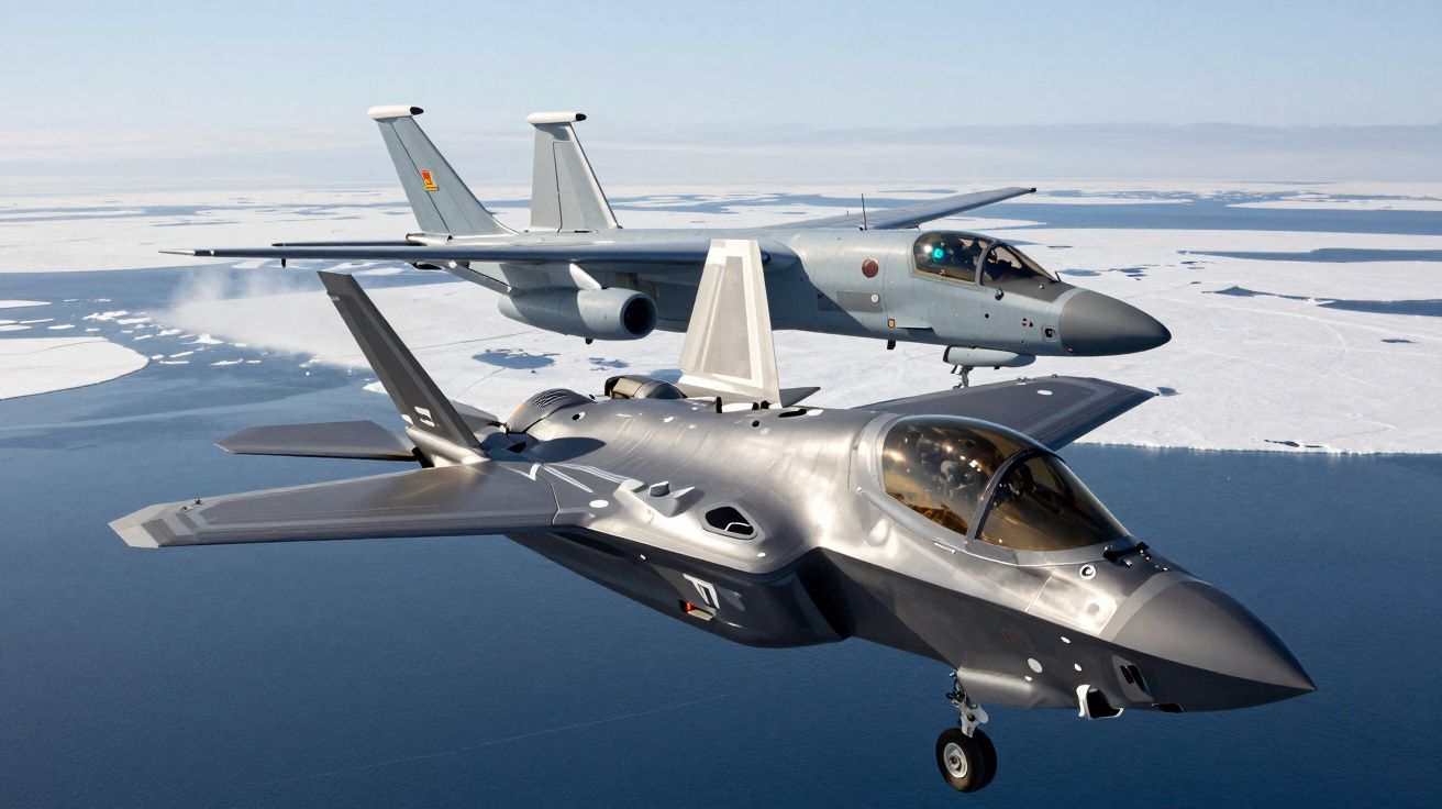 Dois aviões militares a voar sobre o mar com gelo visível ao fundo.