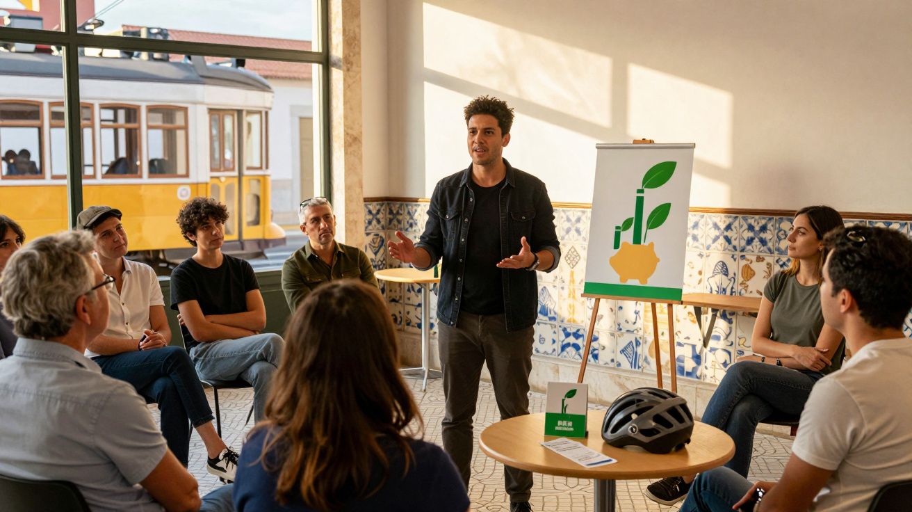 Homem apresenta ideias sobre finanças sustentáveis a grupo sentado numa sala iluminada com azulejos tradicionais.
