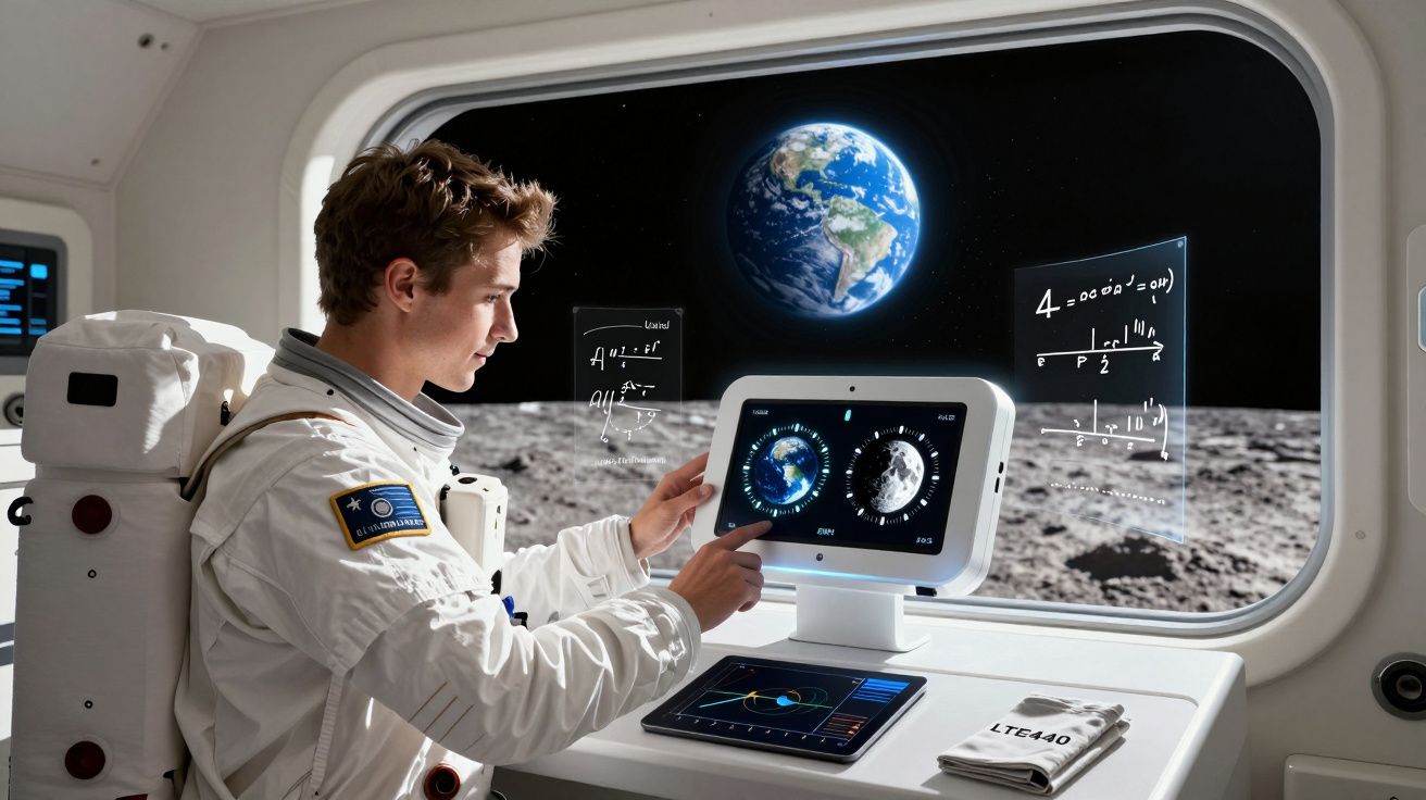 Astronauta dentro de nave espacial a analisar dados da Terra e da Lua numa estação de trabalho digital.