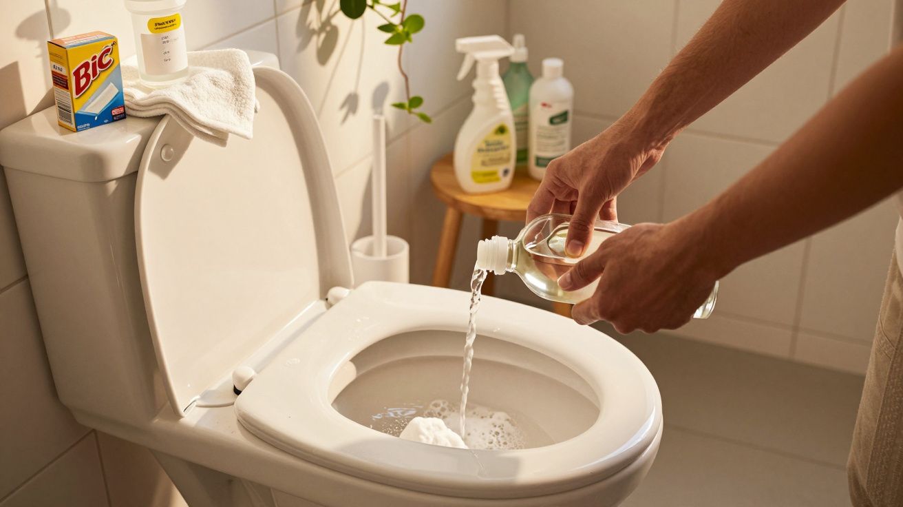 Pessoa a despejar líquido de limpeza na sanita branca numa casa de banho iluminada.