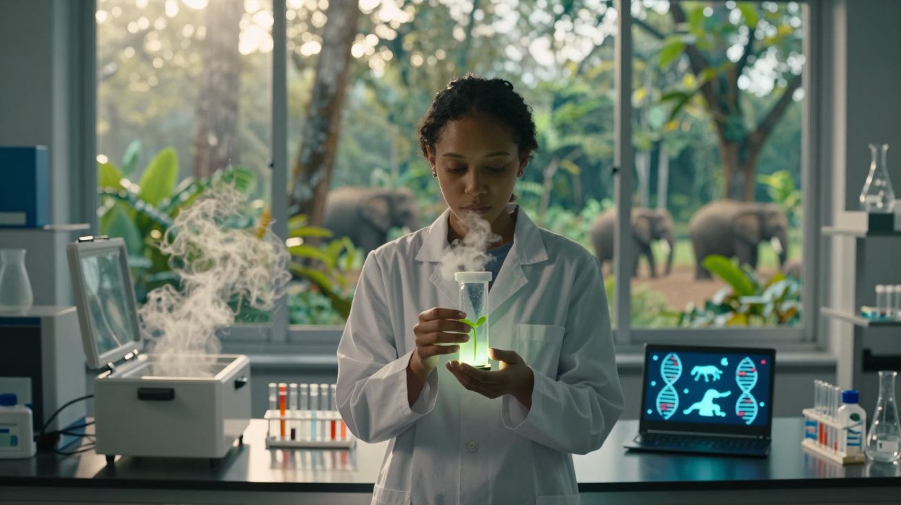 Mulher cientista observa amostra verde com névoa num tubo de ensaio, laboratório com elefantes visíveis pela janela.