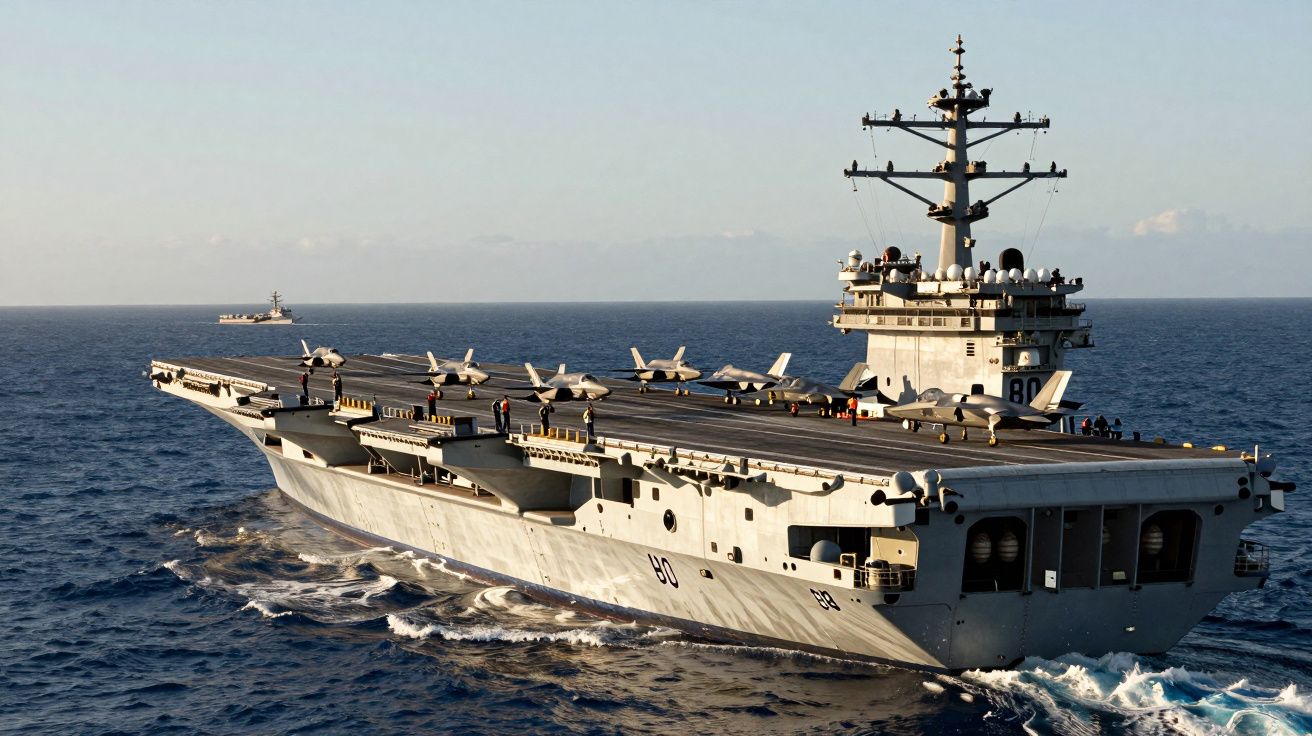 Porta-aviões militar a navegar no mar com aviões estacionados na pista de voo e mar calmo ao fundo.