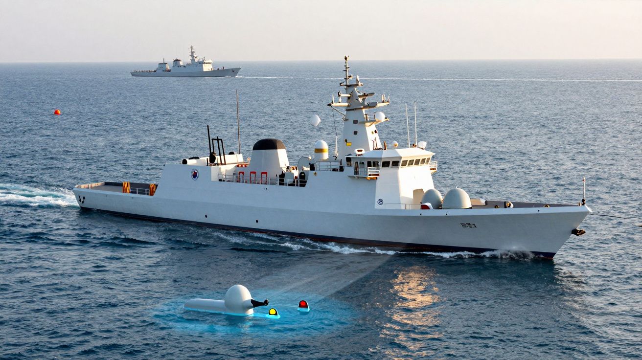Fragata branca em alto mar com pequeno submarino não tripulado iluminado ao lado e outro navio ao fundo.