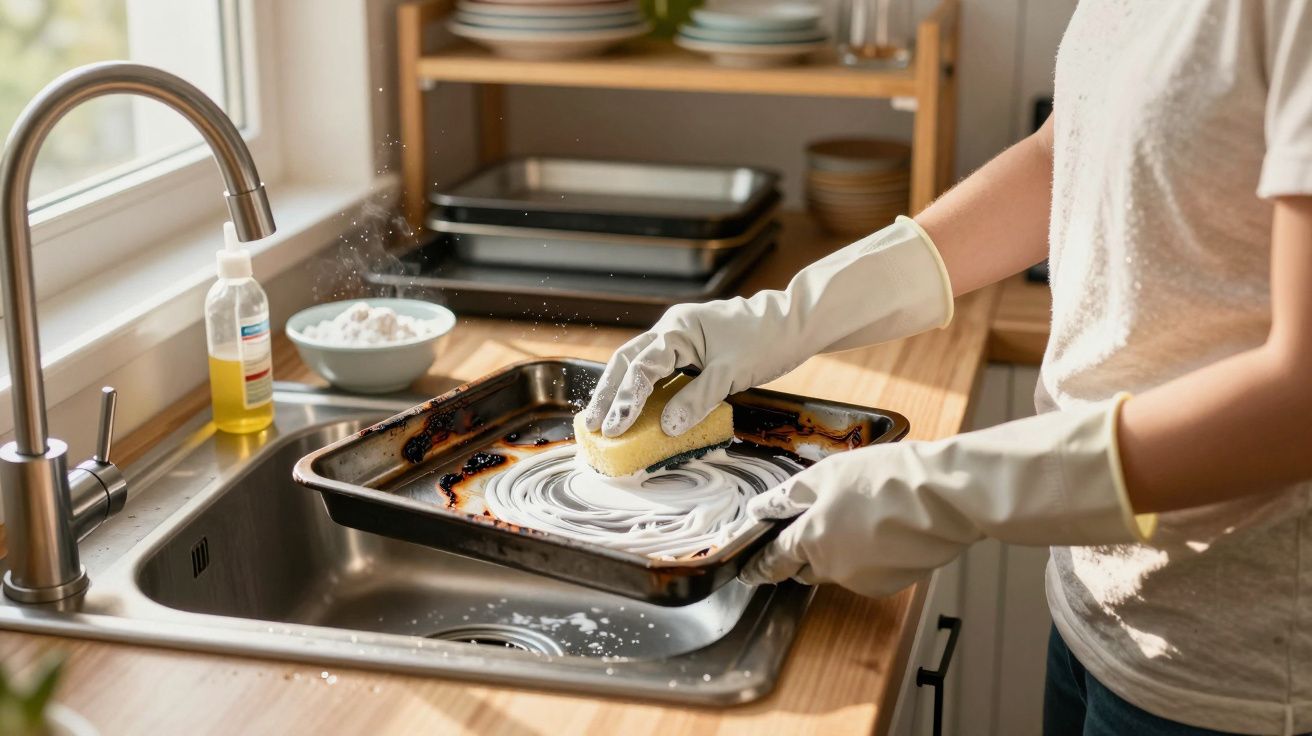 Pessoa a lavar um tabuleiro de forno muito sujo numa cozinha, usando luvas de borracha e uma esponja.