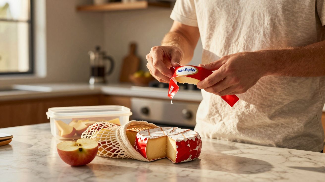 Pessoa a desembrulhar queijo Mini Babybel numa cozinha com maçã e queijo em recipiente plástico na bancada.