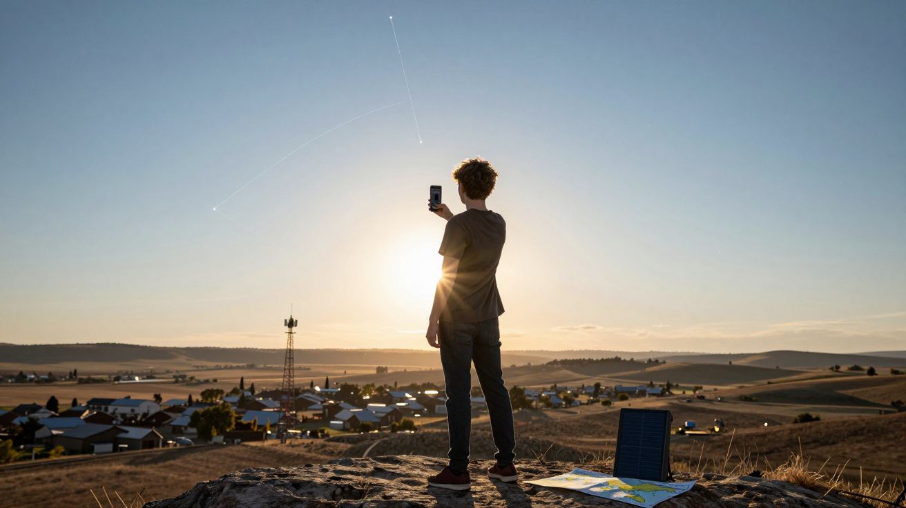 Jovem de pé numa colina ao pôr do sol, tirando foto do céu com telemóvel e mapa no chão.