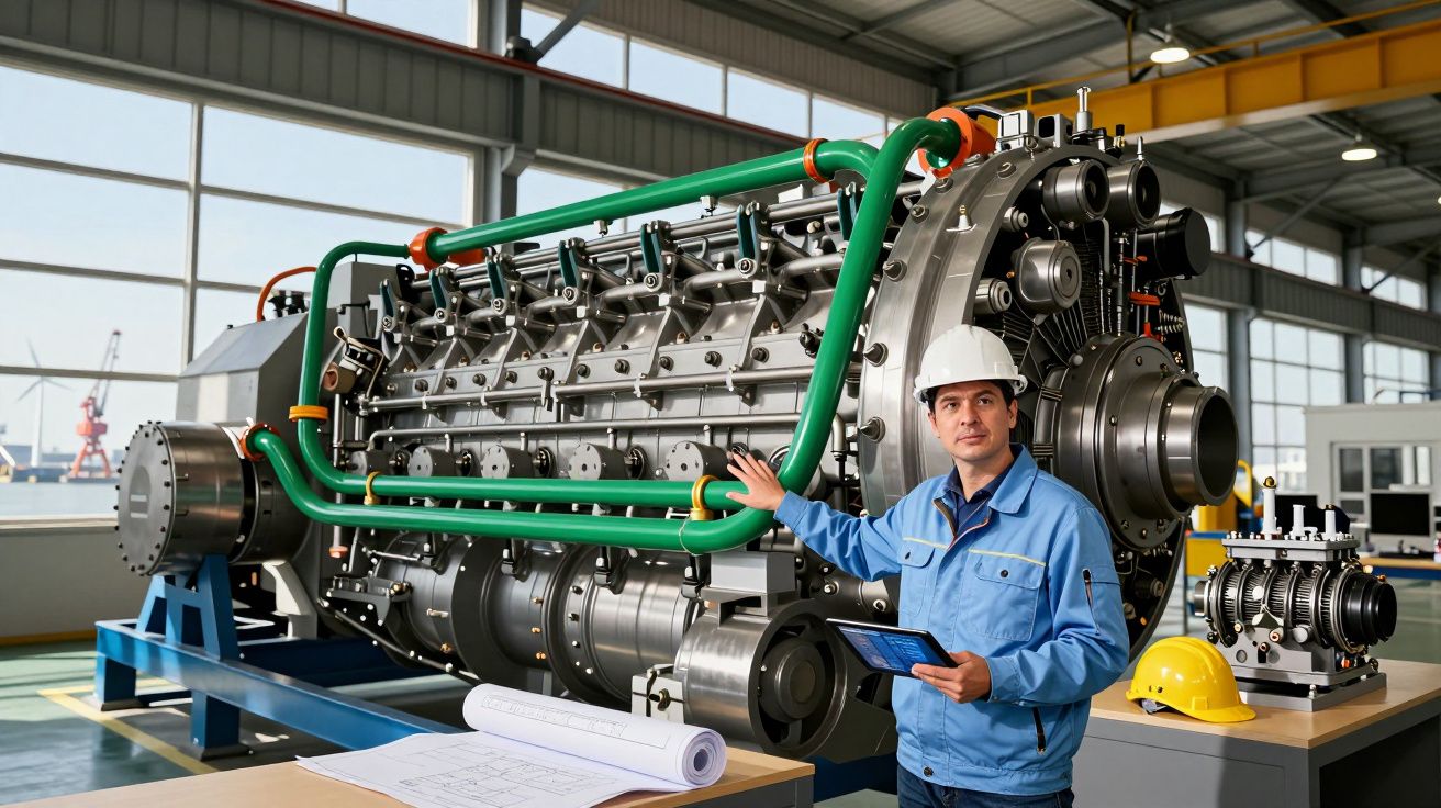 Engenheiro com capacete e tablet inspeciona grande motor industrial numa oficina moderna.