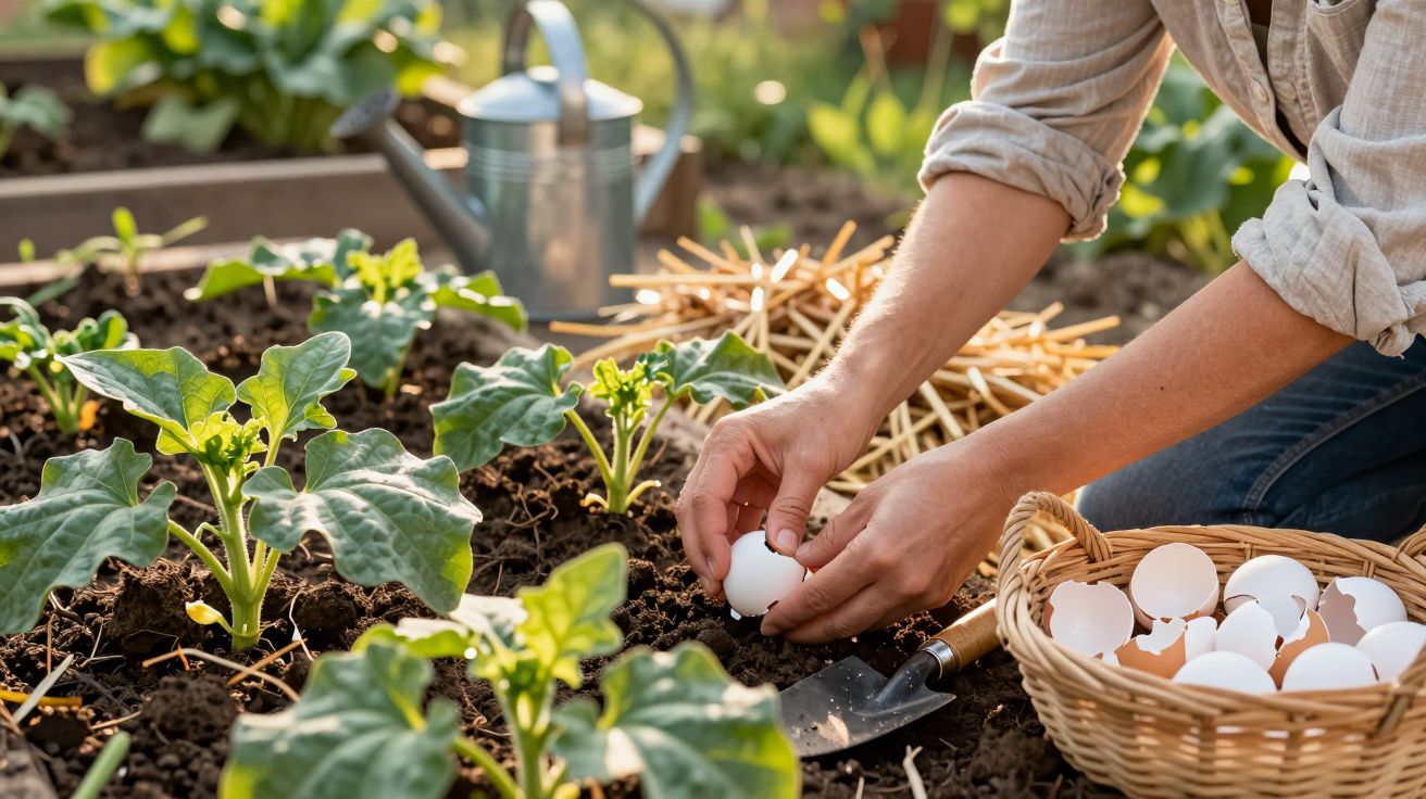 Pessoa a enterrar cascas de ovos no solo de um jardim com plantas verdes e regador ao fundo.