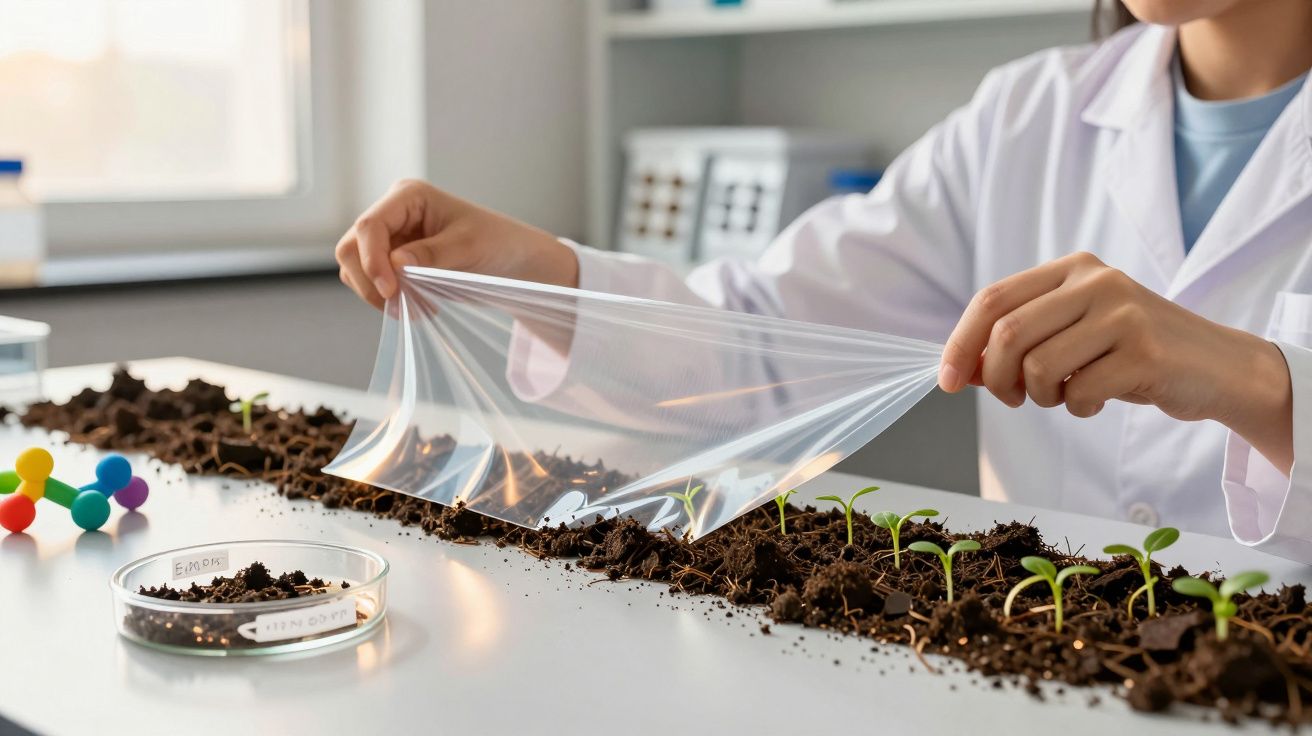 Investigadora em laboratório cobre mudas de plantas com plástico transparente para estudo científico.