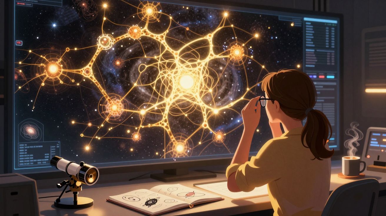 Mulher a estudar padrões estelares num ecrã grande, com telescópio e livro de astronomia na secretária.