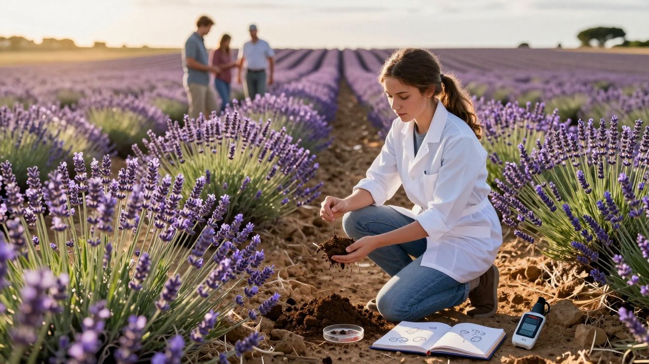 Mulher com bata branca examina terra numa plantação de lavanda, com três pessoas ao fundo.