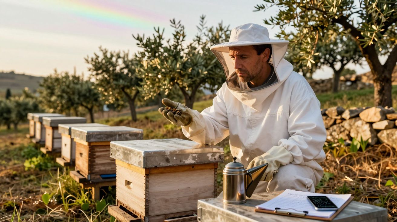 Apicultor em roupa protetora inspeciona colmeia num pomar de oliveiras ao pôr do sol.