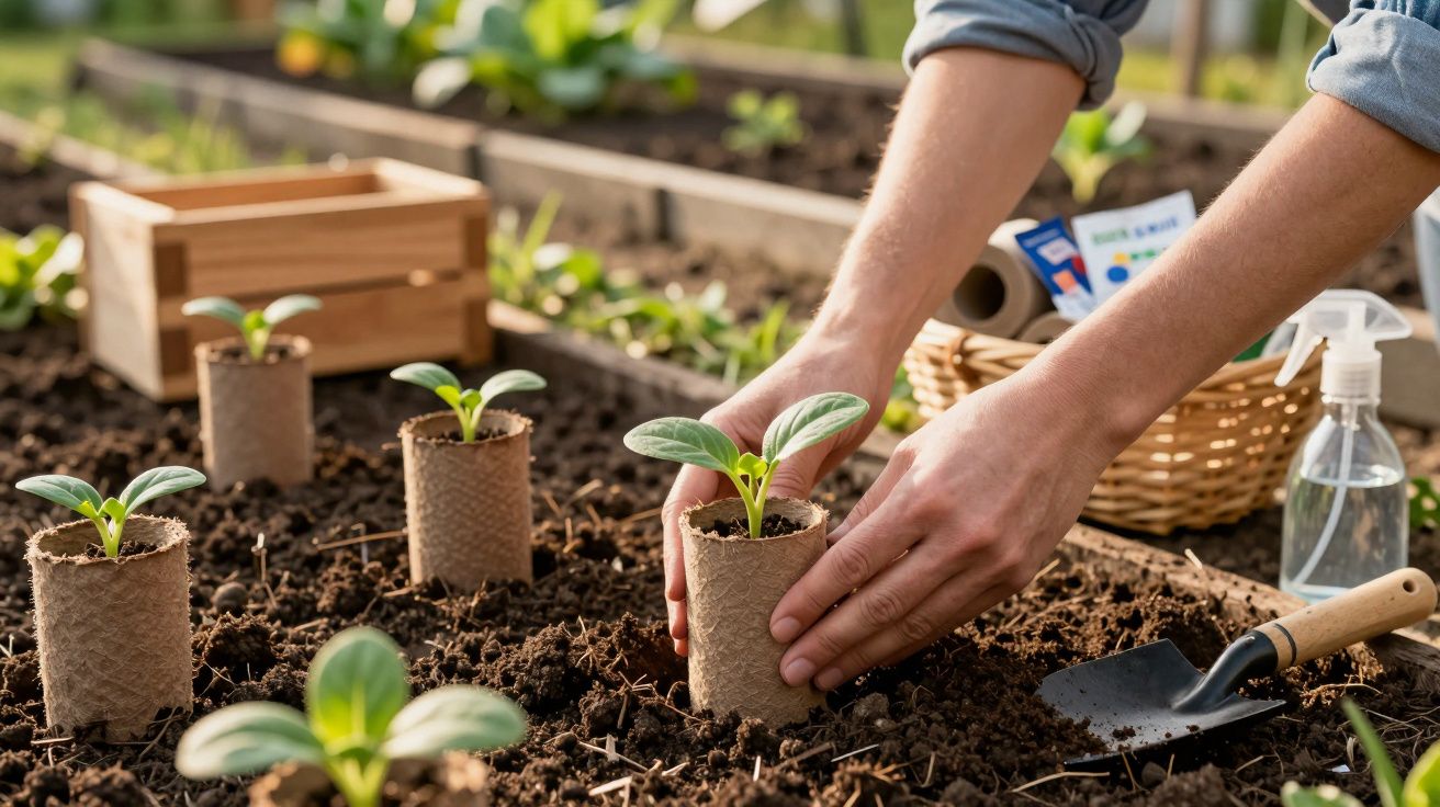 Mãos a transplantar pequenas plantas em tubos de papel para a terra de um canteiro de jardim.
