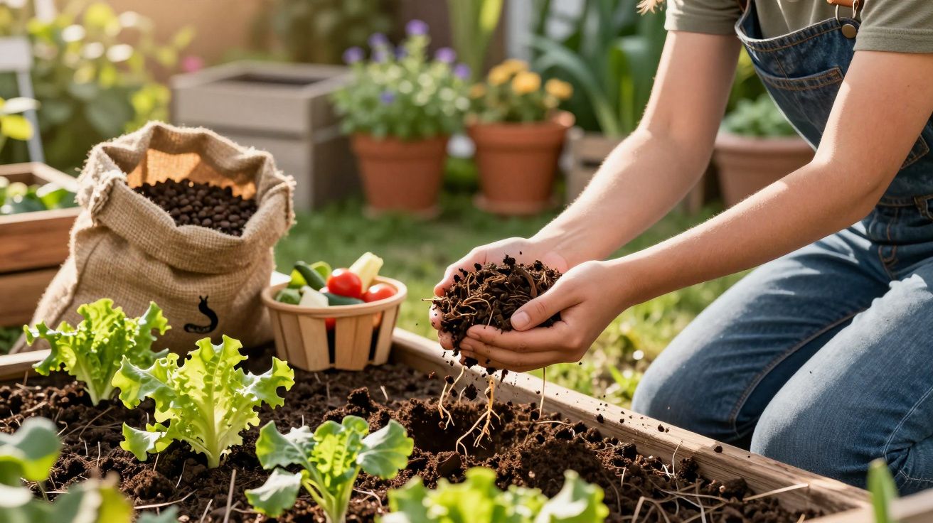 Pessoa a colher terra em jardim com plantações de alface e legumes em cesto ao lado.