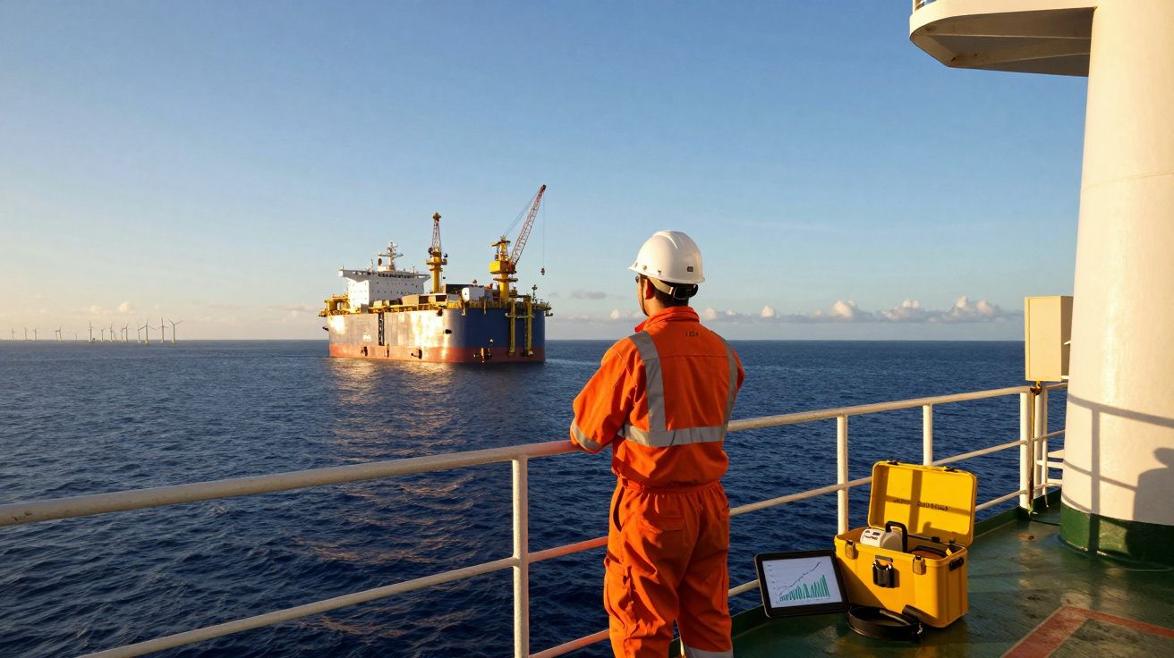 Trabalhador em fato laranja com capacete observa navio no mar ao pôr do sol, com equipamento ao lado numa embarcação.