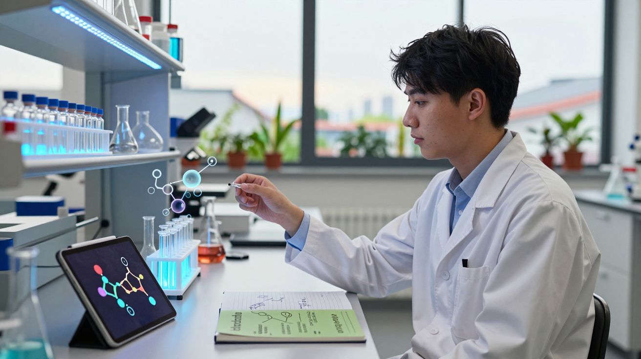 Cientista de jaleco branco manipula molécula digital em laboratório moderno com tubos de ensaio e tablet.