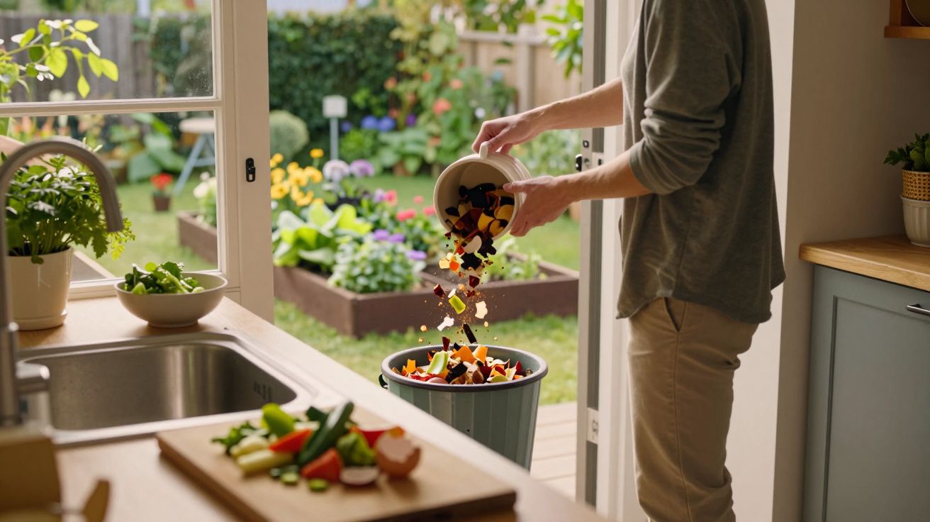 Pessoa a deitar restos de alimentos num balde de compostagem na cozinha junto a porta aberta para jardim.