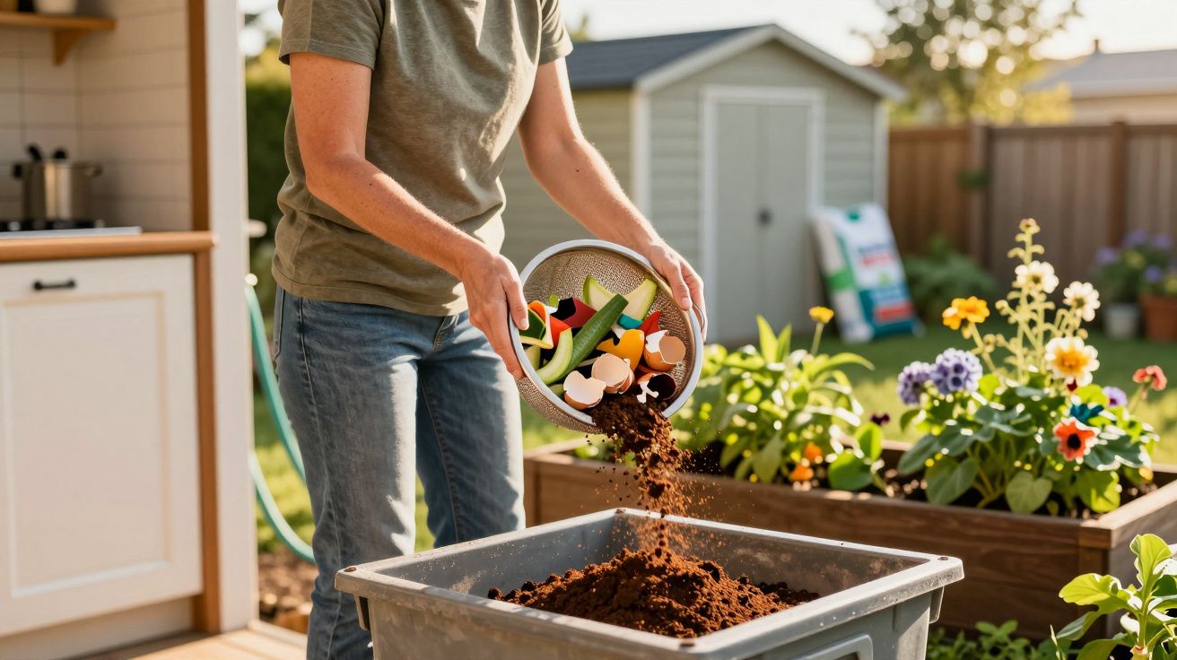 Pessoa a deitar resíduos orgânicos numa composteira no jardim com plantas e flores ao fundo.