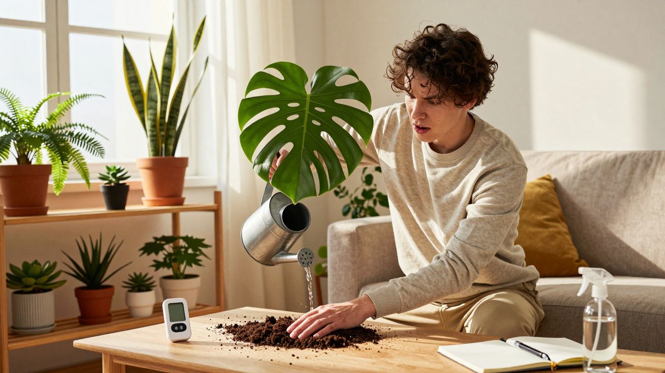 Jovem rega planta Monstera sem vaso, com terra espalhada na mesa, rodeado de plantas e objetos domésticos.
