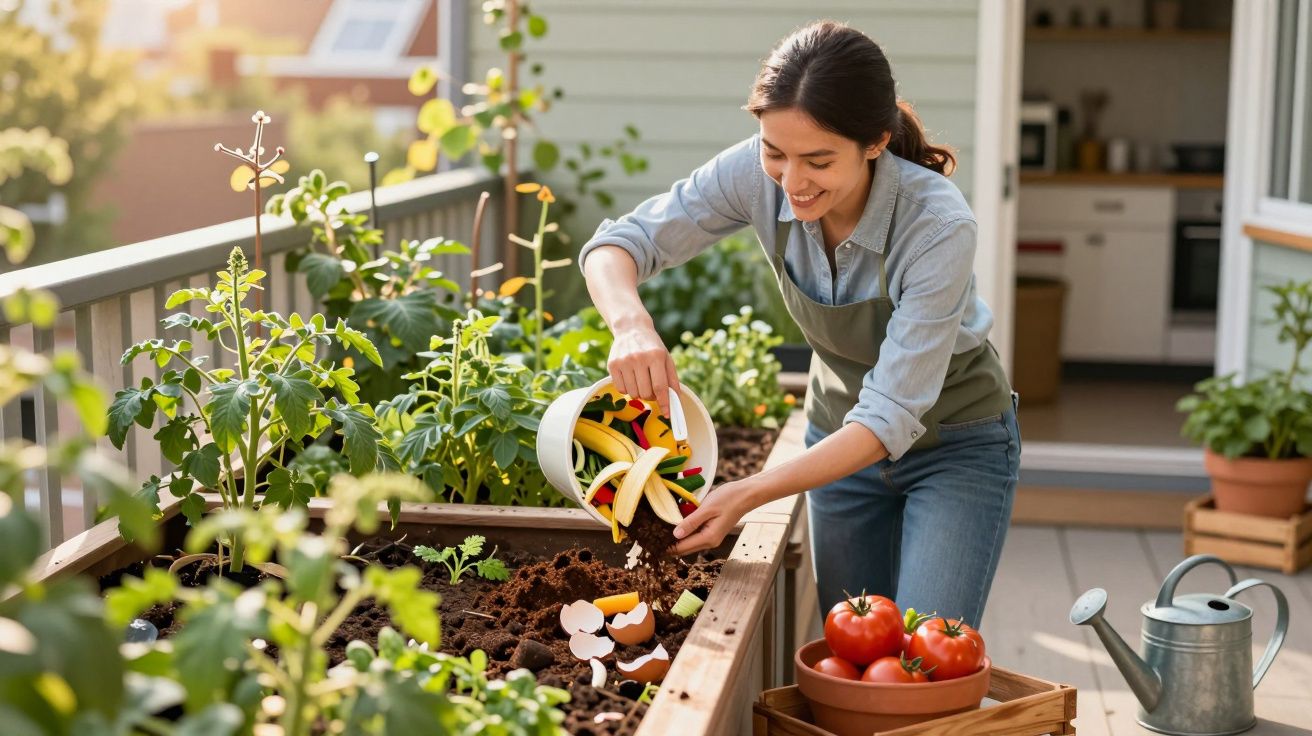 Mulher a colocar restos de frutas e vegetais numa compostagem num jardim em casa ao pôr do sol.