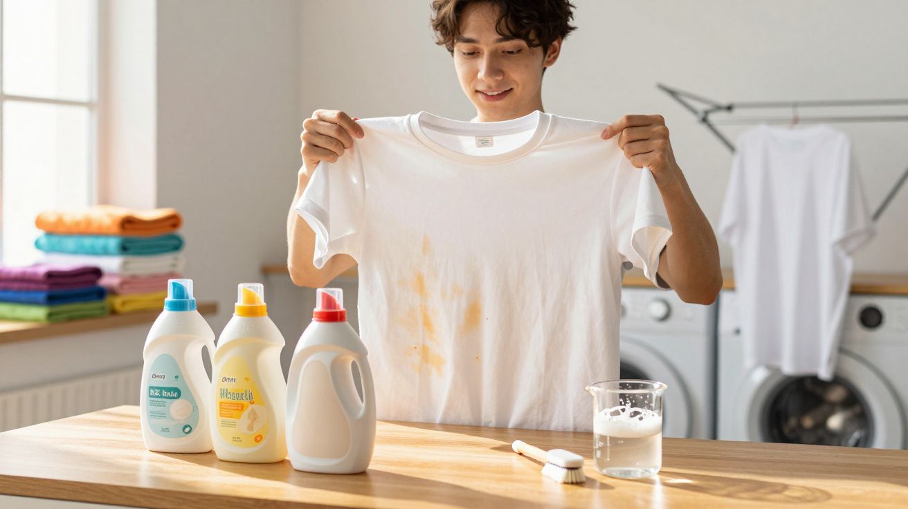 Jovem segura t-shirt branca manchada, com detergentes e escova numa mesa numa lavandaria.