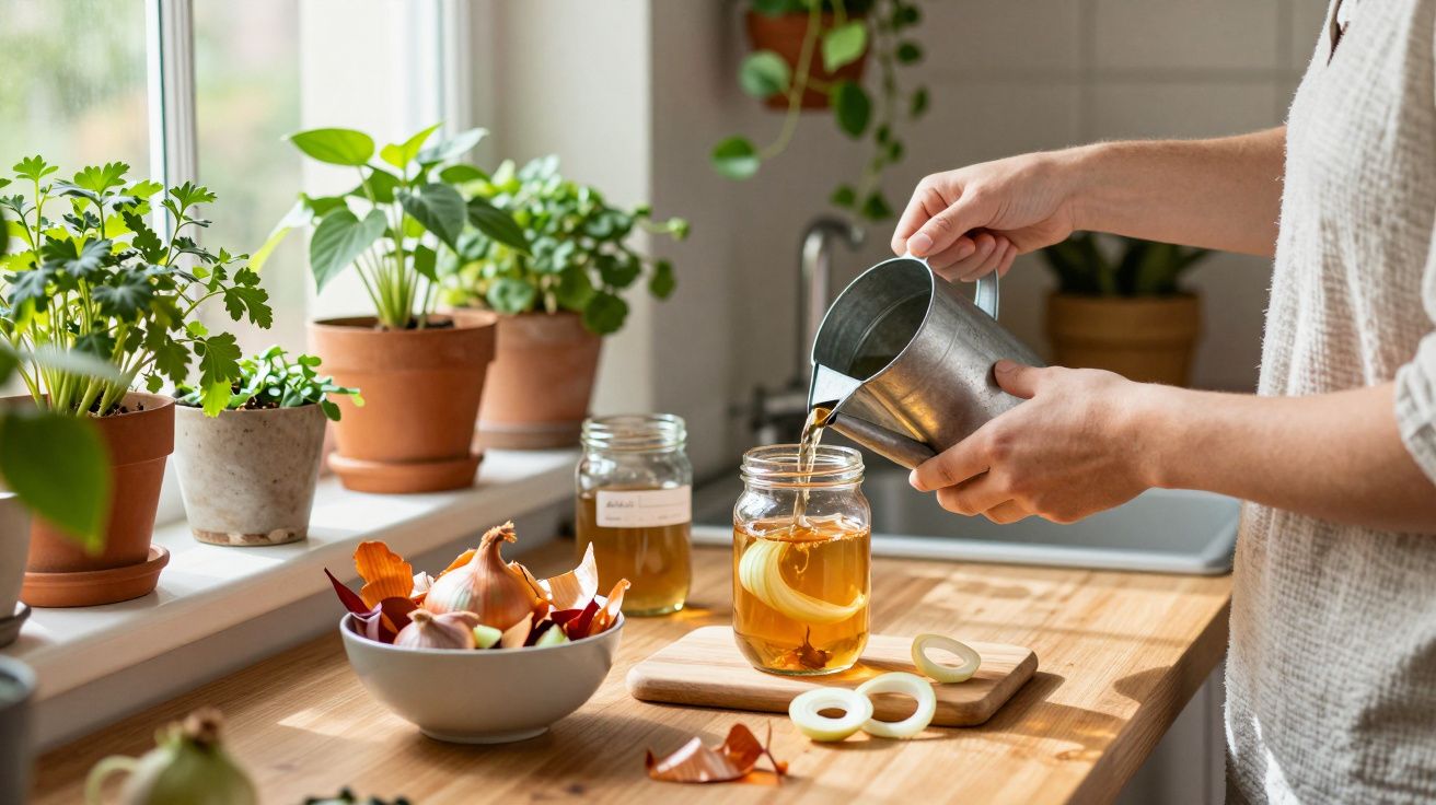 Pessoa a preparar infusão com cascas de cebola na cozinha junto a plantas em vasos numa janela.