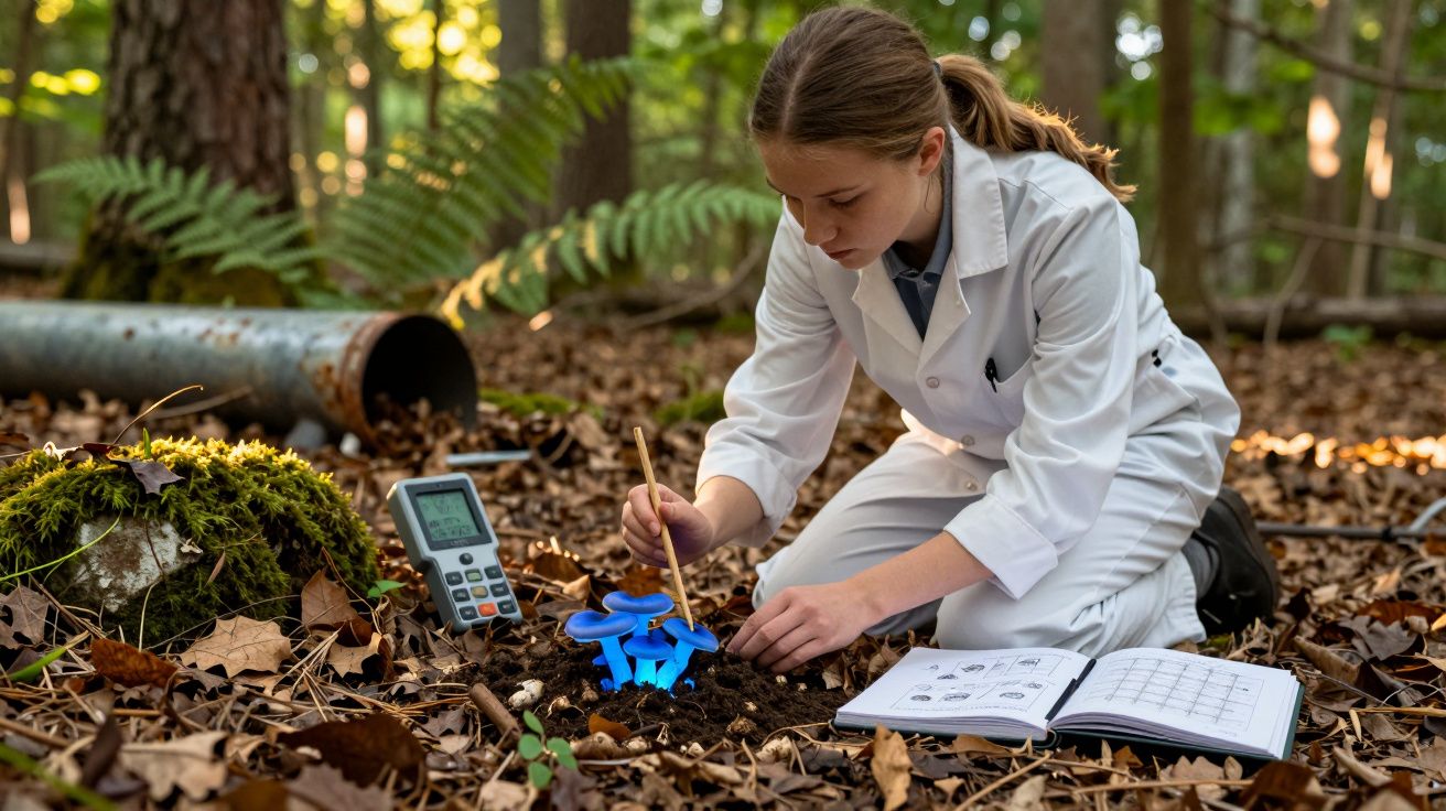 Mulher cientista em fato branco recolhe cogumelos azuis no chão da floresta para estudo.
