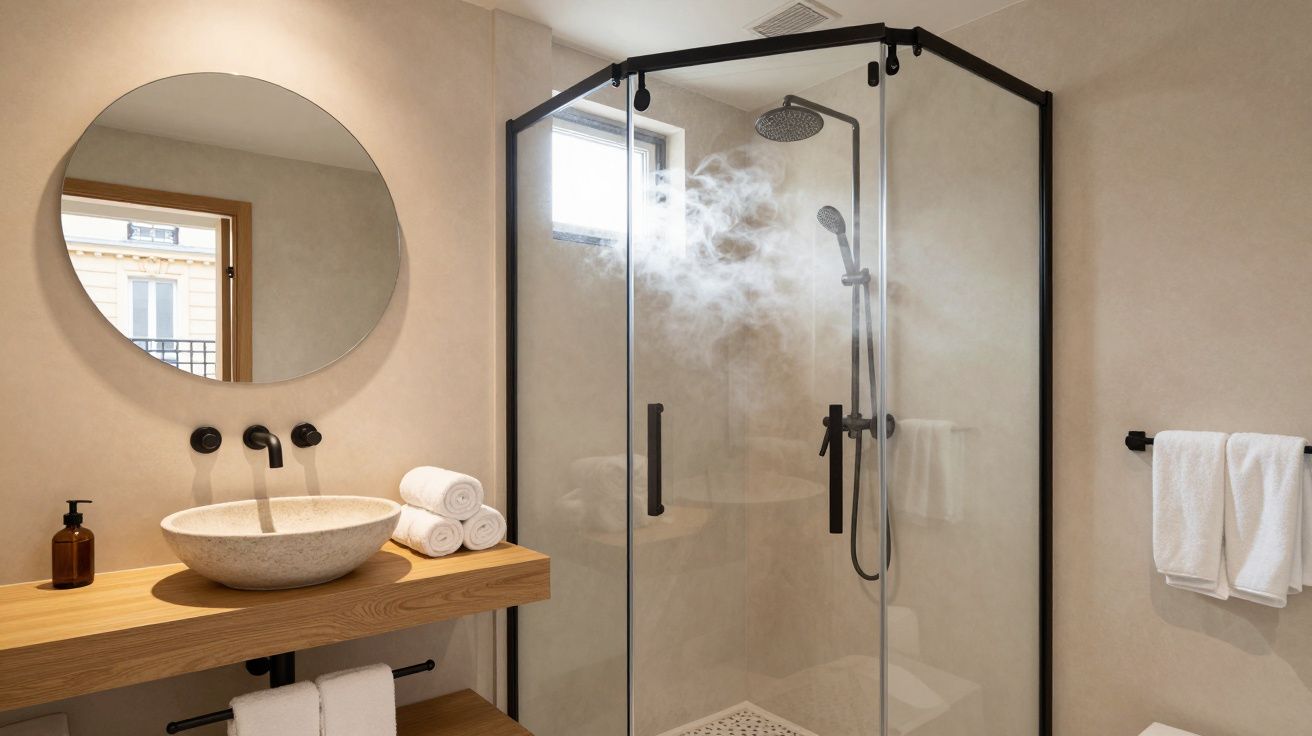 Casa de banho com cabine de duche de vidro, espelho redondo e lavatório de pedra sobre bancada de madeira.