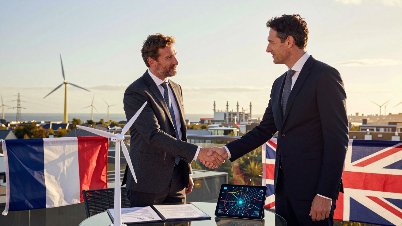 Dois homens de negócios apertam mãos numa reunião ao ar livre com bandeiras de França e Reino Unido ao fundo.