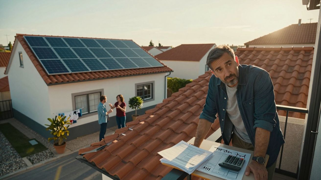 Homem jovem com papéis e calculadora numa varanda, casal a discutir junto a casa com painéis solares no telhado.