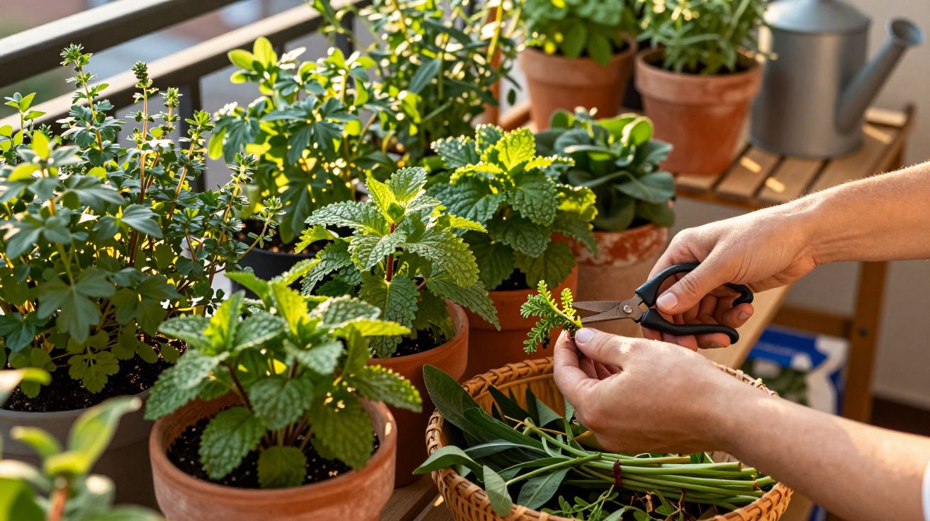 Mãos a podar ervas aromáticas em vasos de barro numa varanda iluminada pelo sol.