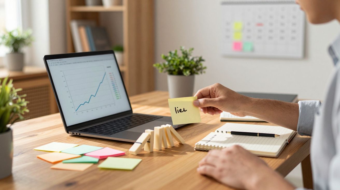 Pessoa segurando nota a salvar dominós de caírem em secretária com computador e caderno.