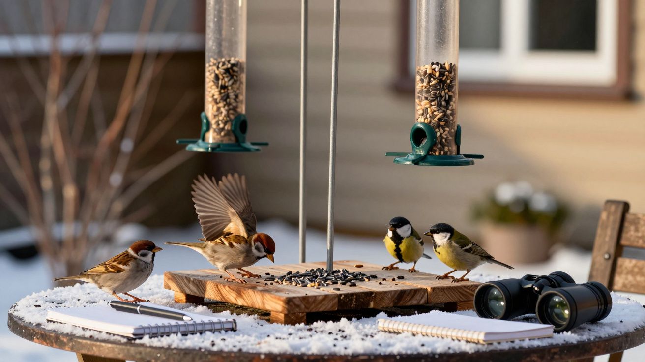 Pássaros a comer sementes em comedouro num jardim com neve sobre a mesa de madeira.