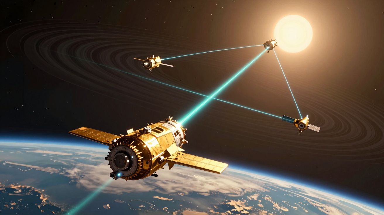 Satélites dourados em órbita terrestre a comunicar entre si sob a luz solar.